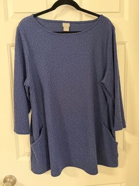 Chico's Blue 3/4 Sleeve Jacquard Boat Neck Womens Blouse